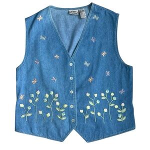 VTG Koret City Blues Sz M Blue Denim Vest Cottagecore Embroidered Floral Grandma
